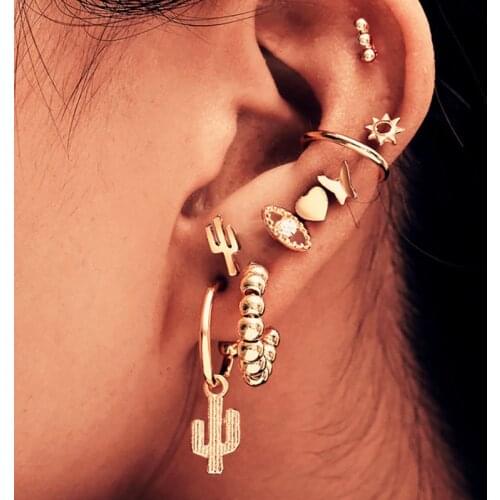 Golden Pop Trend Temperament Dangler Earrings With Stones Summer Punk Style Cactus Eyes Butterfly Love Heart Women Earrings Set