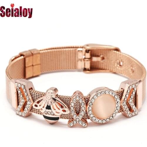 Seialoy Rose Gold Stainless Steel Mesh Bracelets For Women Crystal Arrow Beaded Queen Bee Charm Fashion Watch Belt Bracelet
