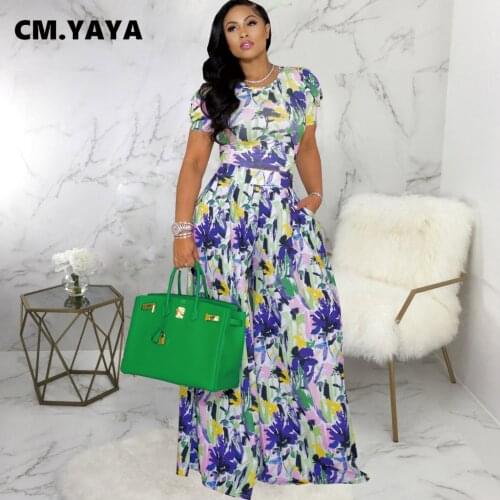 CM.YAYA Women Set Print Short Sleeve O-neck Crop Tops Loose Wide Leg Pants Two Piece Sets Fashion Outfit Casual Tracksuit Summer
