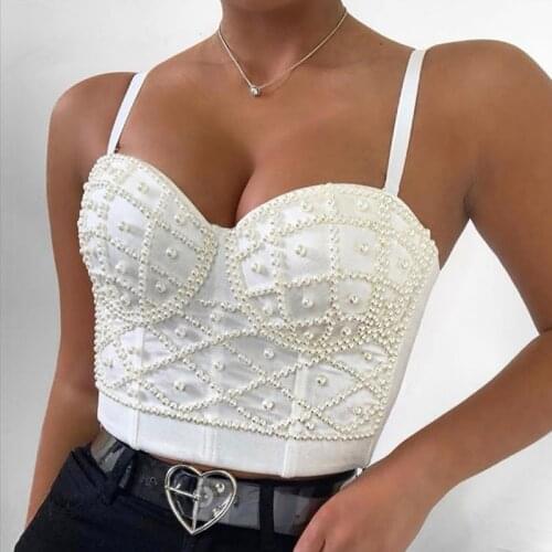 Women Summer Fashion Sexy Strap Beading White Black Ladies Top 2020 Celebrity Designer Fashion Top Camis High Street