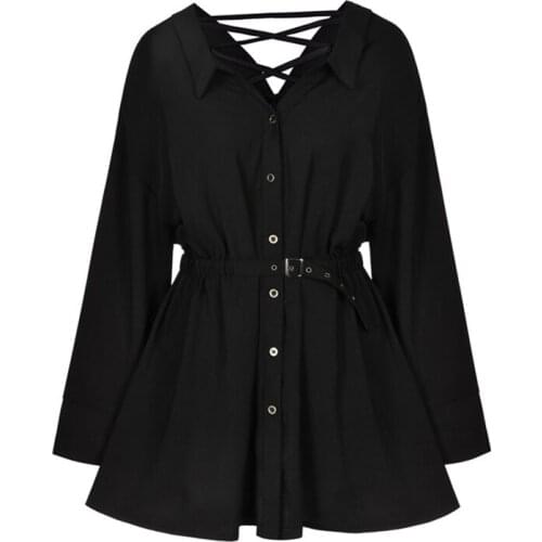 PERHAPS U Women Black Turn Down Collar Solid Shirt Dress Long Sleeve Sash A Line Elegant Mini Dress Female D2623