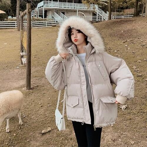 Padded Coat Womens 2020 Winter Korean Loose Pocket Fur Collar Zipper Thick Down Cotton Coat Female Invierno Outwear Mujer E320