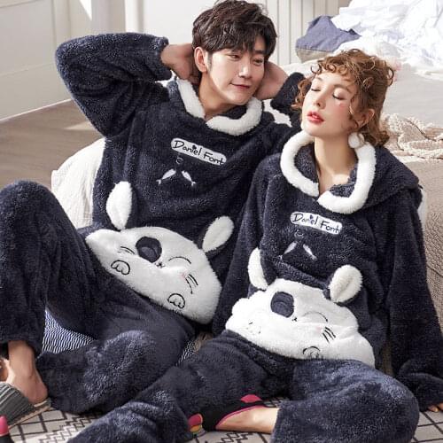 2 Pcs Winter Mens Pajama Warm Cartoon Anime Cute Sleepwear Hooded Flannel Thicken Couple Pyjama Plus Size Female Home Clothes