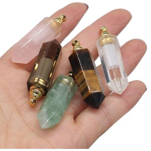 1PC Natural Gems Stone Perfume Bottle Pendant Hexagon Prism Chakra Crystal Quartz Oils Diffuser for Jewelry Making DIY Necklace