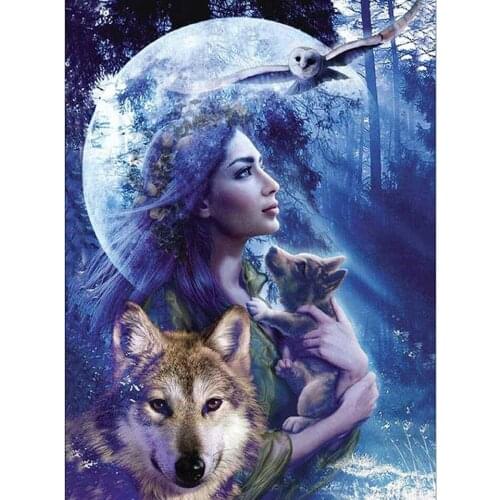 5D DIY Diamond Painting Wolf Girl landscape Cross Stitch Full Drill Square Embroidery Mosaic Art Picture of Rhinestones Decor