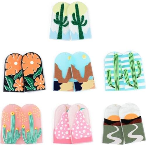 6PCS Cactus Valley Pear Sun Relief Oil Painting Jewelry Accessories Hand Made Earrings Connectors DIY Pendant Components Charms