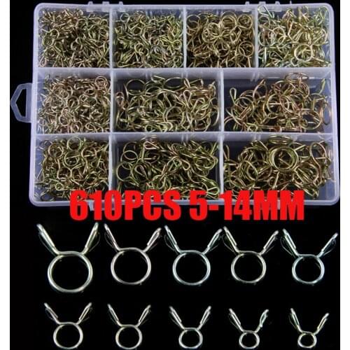 610pcs 5-14mm Hose Clamp Zinc Plated Spring Clips Gear Hose Fuel Line Clamp for Boats Motorcycles