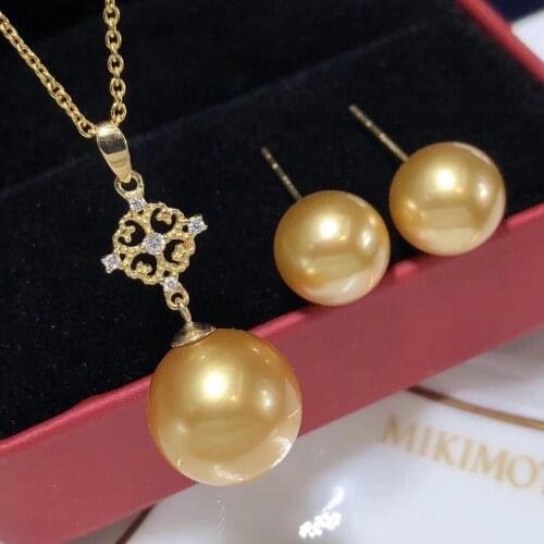 D819 Pearl Set Fine Jewelry Solid 18K Gold Round 7-12mm Fresh Water Golden Pearls Jewelry Sets for Women Fine Presents