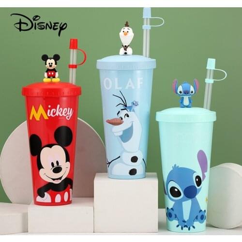 Disney Kids Sippy Cup Cartoon Cute Mickey Mouse Stitch Olaf Doll Cups Fruit Juice Milk Cup Adult Sippy Cup Straw Cup 640ml