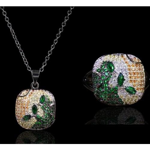 Creative Branches Leaves 925 Sterling Silver Jewelry Set for Women Emerald Green CZ Choker Necklace Rings Set Black Gold Jewelry