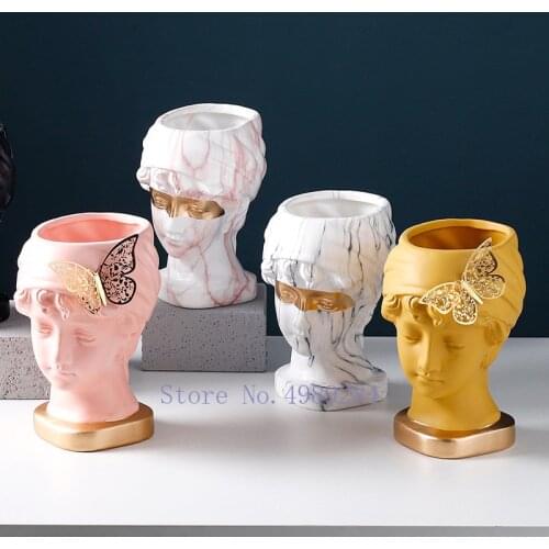Creativity Ceramics Flower Pot Human Head Abstract David Butterfly Handicraft Furnishings Golden Modern Home Decoration