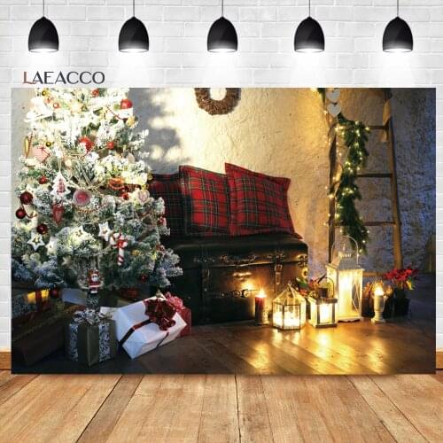 Laeacco Interior Decor Scene White Brick Wall Christmas Tree Gift Warm Lantern Child Portrait Customized Photography Backdrops