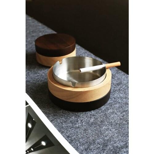 Nordic solid wood ashtray creative home office coffee table ashtray with stainless steel liner male gift living room decoration