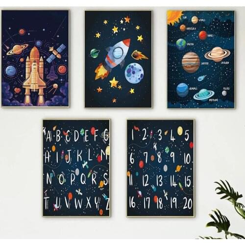 Nordic Planetary Rocket Spaceship Number Letter Art Canvas Painting Posters and Prints Nursery Wall Picture Room Decoration