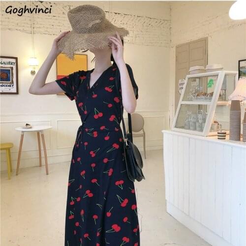 Short Sleeve Dress Women V-neck Summer New All-match Casual Harajuku Korean Style Print Elegant Chic Slim Fashion Comfortable