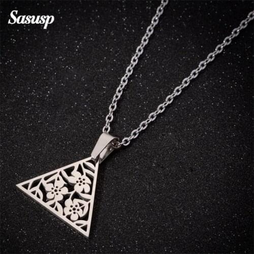 Sasusp Ladies Elegant Jewelry Stainless Steel Triangle Garden Pendant Necklace Women Flower Sweater Chain Neckalces femme