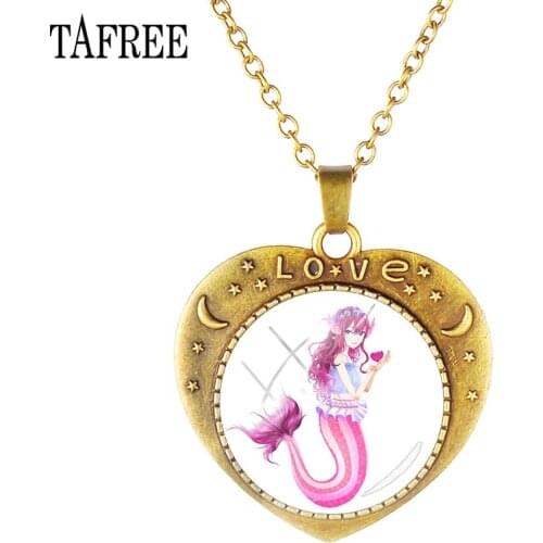 TAFREE Mermaid Elves Antique Bronze Plated Vintage Heart Shaped Pendants Necklaces Statement For Women Girls Friendship Jewelry