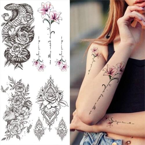 Lily Verse Temporary Tattoos For Women Men Adult Mamba Snake Flower Fake Tattoo Sticker Letter Words Arm Half Sleeve Tatoos Back