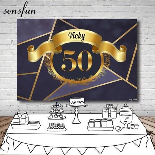 Sensfun Happy 50th Birthday Party Backdrop Black Gold Frame Ribbons Photography Backgrounds Custom 7x5FT Vinyl Polyester