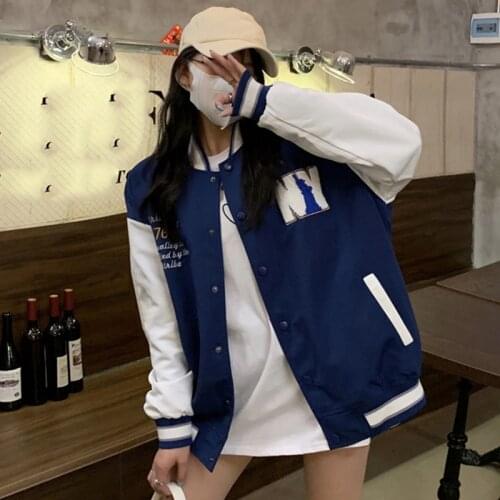 Women Print Blue Baskball Jackets Single-breasted Loose Casual Baseball Uniform 2021 New Japanese Harajuku Splice Jacket