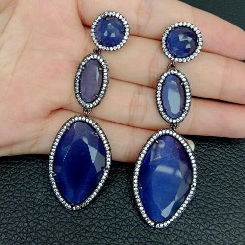 Deep Blue Cats Eye Cz pave Gunmetal drop Earrings Classic Rhinestone Geometric Women Dangle Earrings