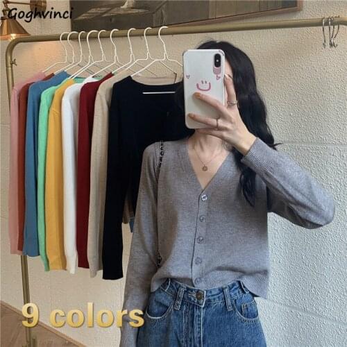 Women Cardigan Solid Casual Basic Knitted Short Outwear Thin All-match Fit V-neck Single Breasted Simple Korean Style Retro Chic