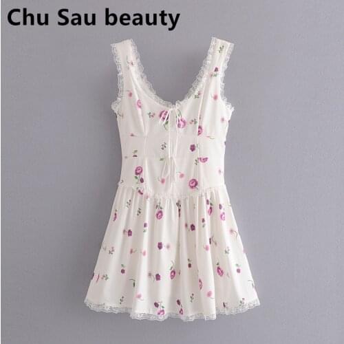 New 2020 Fashion Sweet Style Floral Print Women Sleeveless Mini Dress Casual Chic Lace Patchwork V-neck Dresses Summer Vestidos