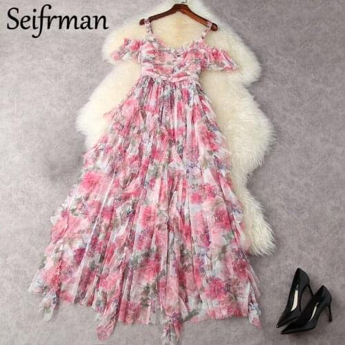 Seifrmann New 2021 Summer Women Fashion Runway Holiday Long Dress Sexy Spaghetti Strap Waist Ruffles Print Mesh Ladies Dresses