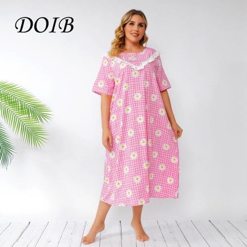 DOIB Women Pink Plaid Floral Print Pajamas Dress Plus Size Short Sleeve Loose Casual Sleep Homewear Dress