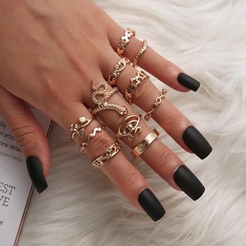 11 Pcs/set Punk Gold Color Snake Statue Carving Ring Set for Women Bohemian Geometric Knuckle Midi Rings Anillos