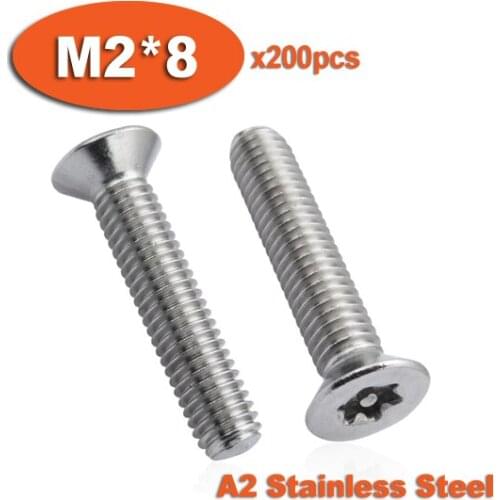 200pcs DIN7991 M2 x 8 A2 Stainless Steel Torx Flat Countersunk Head Tamper Proof Security Screw Screws