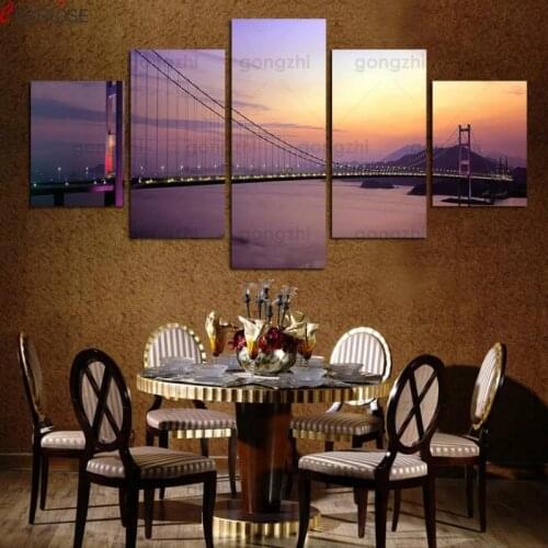 Dusk pink sky golden sunlight city night view HD photography wall painting viaduct river home frameless 5pcs decoration poster