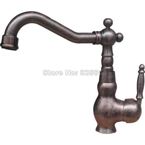 Antique Copper Swivel Spout Bathroom Basin Faucet / Deck Mounted Single Handle Kitchen Vessel Sink Mixer Taps Wnn021