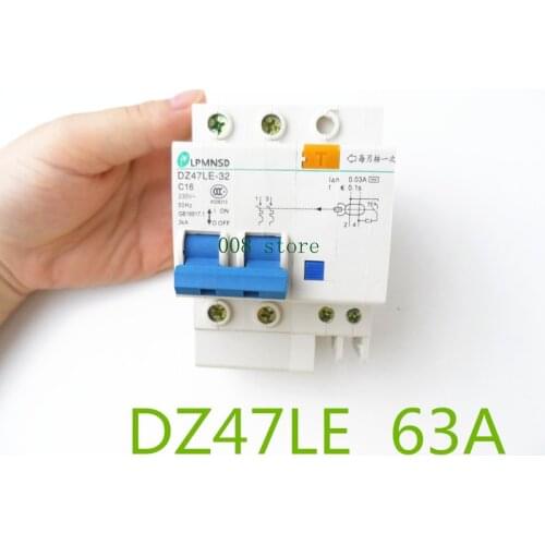 DZ47LE 2P 63A 230V~ 50HZ/60HZ Residual current Circuit breaker with over current and Leakage protection