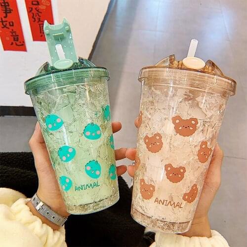 Double Ice Breaker Summer Cute Girl Cartoon Net Red Adult Student Straw Plastic Ice Cup Fashion Korean Cup