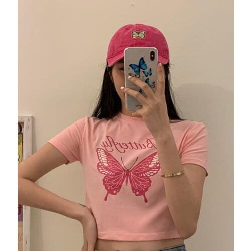 Butterfly Printed T Shirts Round Neck Student Short-sleeved T-shirt Women\s Summer Korean Short-cut Navel Bottoming Shirt