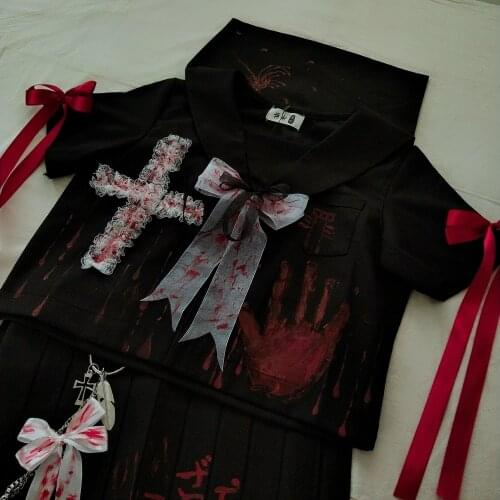 Gothic Lolita cosplay costume Japanese sailor suitbloody JK orthodox uniform hand painted Gothic Punk bad black white top shirt
