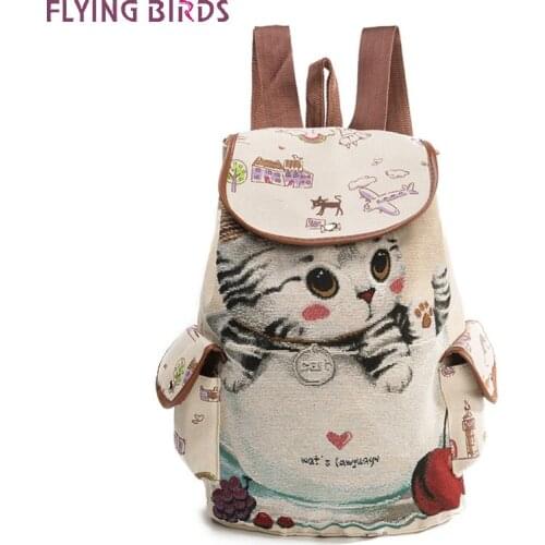 FLYING BIRDS! Cute Cat Backpack Women Canvas Book Bag Drawstring Printing Backpacks For Teenage Girls Large Capacity School Bags