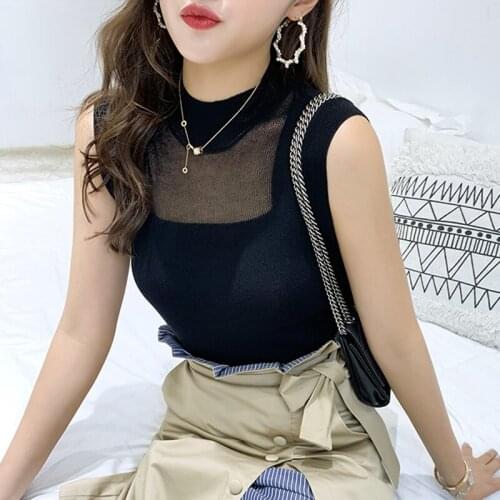 2021 Summer Women Tank Tops Camis High Elastic Sexy Through Transparent Sleeveless Knitted Vest Female Tops Camisole Casual