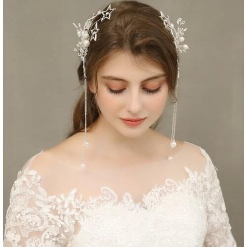 Fashion Handmade Bride Headdress Pearls Star Tassel Headband Party Prom Pageant Hair Accessories Hair Jewelry Tiara Hairband