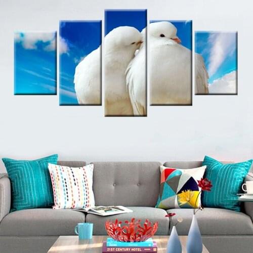 HD Printing Modular Canvas Painting 5 Panel Blue Sky 2 White Dove Picture Poster Living Room Bedroom Wall Art Mural