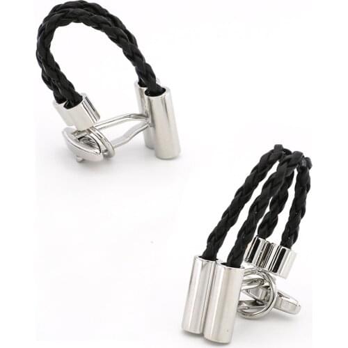 Mens Lether Chain Cuff Links Copper Material Black Color