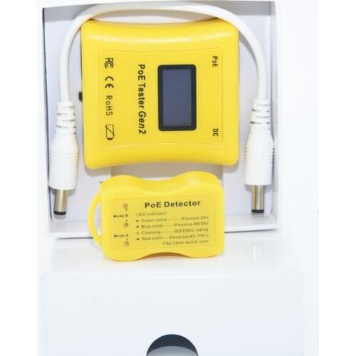 Identify PoE type PoE Tester display shows Volts, Amps and Watts for 802.3af/at, Passive PoE and DC Power supply + PoE Detector