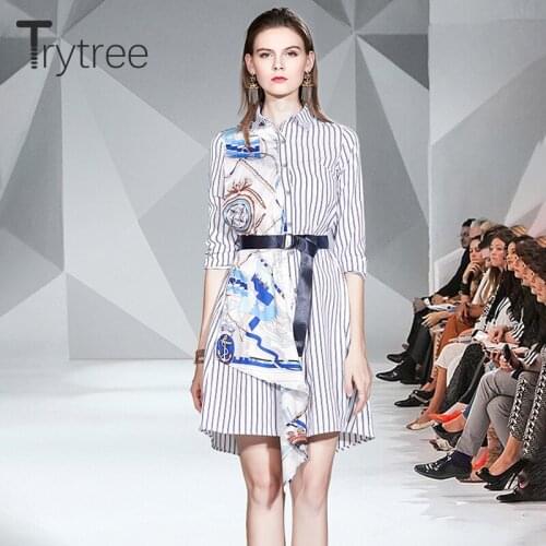 Trytree Autumn Winter Woman Casual Dress Turn-down Collar Patchwork Stripe Fashion Elegant Belt A-line Mini Office Lady Dress