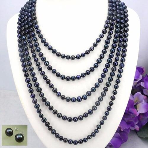 7-8mm Tahitian Black freshwater Pearl necklaces earring length 100 inches fashion elegant handmade beaded Gifts free shipping
