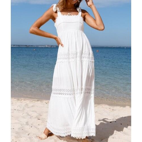 Beach Dresses White Elegant Ladies Summer Lace Splicing Sleeveless Long Strap Hot Dress Suspender Sundress Vestidos