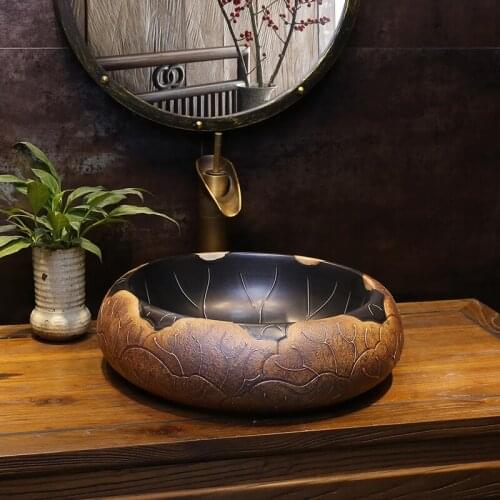 Brown Black Lotus Leaf Retro Art Basin Chinese-style Ceramic Washbasin Toilet Round Ancient ceramic Wash basin bathroom sink