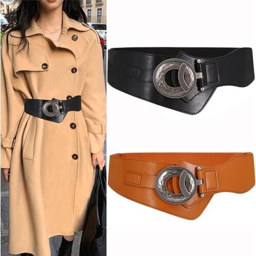 NEW Real Leather Stretch Cummerbund High Quality Vintage Big Alloy Buckle Wide Genuine Leather Belts For Women Cowhide Waistband