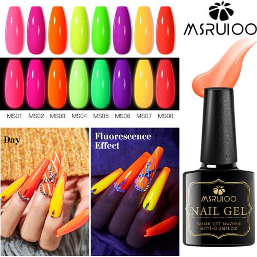 MSRUIOO Luminous Neon Gel Nail Polish Fluorescent Colorful Gel Glow In The Dark Soak Off UV Gel Nude Pink Base Top Coat Varnish