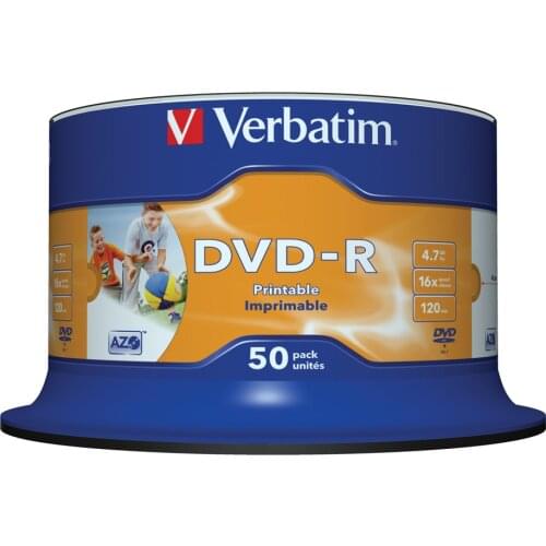 Verbatim DVD-R 4.7GB 16X 50PK Spindle White Inkjet Printable Recordable Media Disc Blank Compact Write DVD 43533